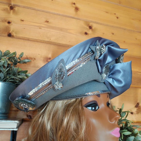 Vintage Deborah New York 70s Gray Satin Bow Wool Sequins Beaded Church Derby Hat